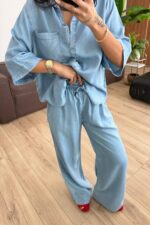 Denim Görünümlü Gömlek Pantolon Takım Açık Mavi - Görsel 2