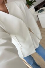 Nervurlu Yakasız Ceket Beyaz - Görsel 3