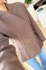 Nervurlu Yakasız Ceket Kahverengi - Görsel 3