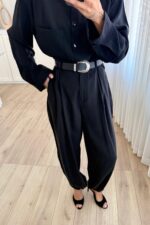 Çıtçıtlı Gömlek Kemerli Şalvar Pantolon Takım Siyah - Görsel 3