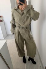 Çıtçıtlı Gömlek Kemerli Şalvar Pantolon Takım Haki - Görsel 3