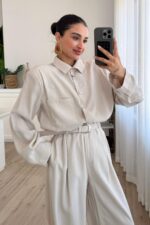 Çıtçıtlı Gömlek Kemerli Şalvar Pantolon Takım Taş - Görsel 2