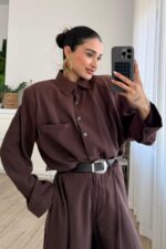 Çıtçıtlı Gömlek Kemerli Şalvar Pantolon Takım Kahverengi - Görsel 2