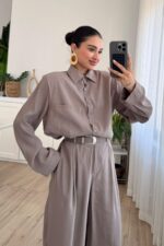 Çıtçıtlı Gömlek Kemerli Şalvar Pantolon Takım Vizon - Görsel 2