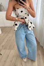 Beli İpli Geniş Paça Açık Mavi Jean - Görsel 2