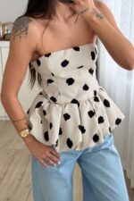 Benekli Straplez Balon Bluz Krem - Görsel 2