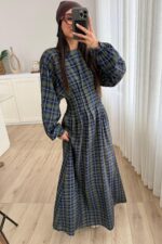 Pile Detaylı Ekose Elbise Haki - Görsel 2