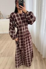 Pile Detaylı Ekose Elbise Sıcak Kahve - Görsel 2