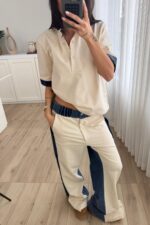 Denim Detaylı Hakim Yaka Takım Bej - Görsel 2