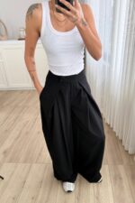 Pileli Geniş Kesim Pantolon Siyah - Görsel 2