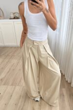 Pileli Geniş Kesim Pantolon Bej - Görsel 2