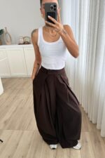 Pileli Geniş Kesim Pantolon Kahverengi - Görsel 2