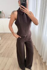 Fermuarlı Yelek Pantolon Takım Kahverengi - Görsel 2