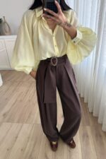 Benek Tokalı Pileli Tensel Pantolon Kahverengi