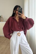 Balon Kol Transparan Gömlek Bordo