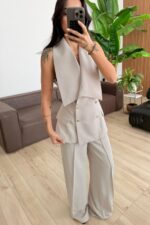 Arma Düğmeli Yelek Pantolon Takım Bej - Görsel 2