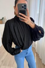 Beli Lastikli Boyundan Bağlamalı Bluz Siyah - Görsel 2