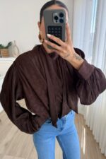 Beli Lastikli Boyundan Bağlamalı Bluz Kahverengi - Görsel 2