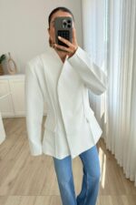 Nervurlu Yakasız Ceket Beyaz - Görsel 2