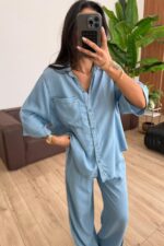 Denim Görünümlü Gömlek Pantolon Takım Açık Mavi - Görsel 3