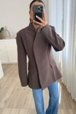 Nervurlu Yakasız Ceket Kahverengi - Görsel 2