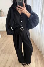 Benek Tokalı Pileli Tensel Pantolon Siyah