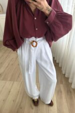 Benek Tokalı Pileli Tensel Pantolon Beyaz