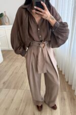 Benek Tokalı Pileli Tensel Pantolon Vizon