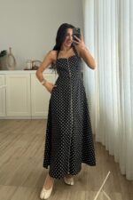 Çapraz Askılı Puantiyeli Fermuarlı Elbise Siyah