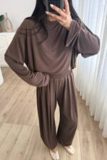 Modal Kumaş Uzun Kollu Şalvar Takım Kahverengi - Görsel 3
