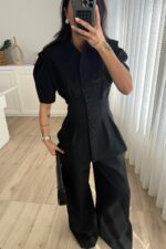 Ous Kısa Kol Belden Oturtmalı Pantolon Takım Siyah - Görsel 2