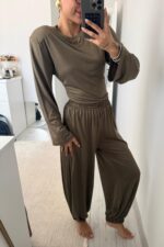 Beli Ayarlanabilir Uzun Kollu Bluz Eşofman Takım Haki - Görsel 3