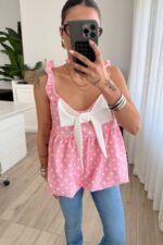 Fiyonk Detaylı Puantiyeli Balon Bluz Pembe - Görsel 2