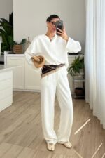 Gant V Yaka Bluz Pantolon Takım Beyaz