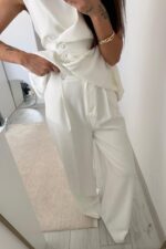 Drapeli Beli Bağlamalı Yelek Takım Beyaz - Görsel 4