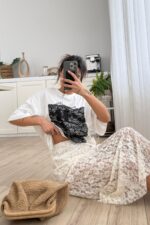 Kısa Astarlı Güpürlü Midi Etek Beyaz