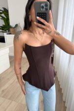 Balenli Straplez Bluz Kahve - Görsel 2