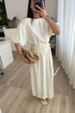 Andreen Beli Pileli Balon Kol Elbise Ekru - Görsel 2