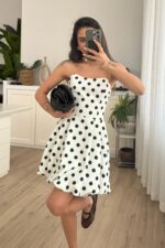 Puantiyeli Mini Balon Elbise Beyaz - Görsel 2