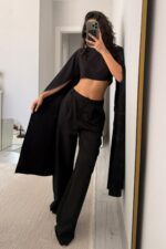 Kolları Pelerinli Crop Pantolon Takım Siyah