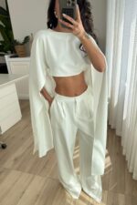 Kolları Pelerinli Crop Pantolon Takım Beyaz - Görsel 2