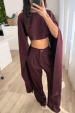 Kolları Pelerinli Crop Pantolon Takım Bordo - Görsel 2