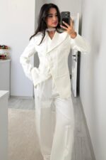 Çapraz Düğmeli Dantel Detaylı Takım Beyaz - Görsel 2