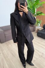 Çapraz Düğmeli Dantel Detaylı Takım Siyah - Görsel 2