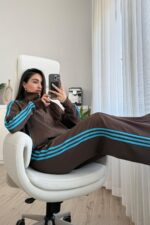 Janet Çizgili Hırka Eşofman Takım Kahverengi