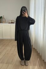 Modal Kumaş Uzun Kollu Şalvar Takım Siyah