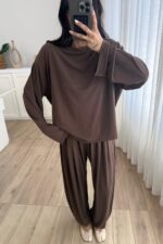 Modal Kumaş Uzun Kollu Şalvar Takım Kahverengi - Görsel 2