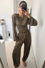 Beli Ayarlanabilir Uzun Kollu Bluz Eşofman Takım Haki - Görsel 2