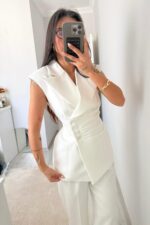 Drapeli Beli Bağlamalı Yelek Takım Beyaz - Görsel 2