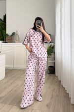 Şeritli Puantiyeli Kısa Kol Eşofman Takım Pembe - Görsel 2